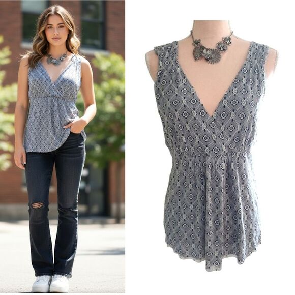 Y2K Michael Kors Blue Grey Geometric Layered VNeck Tunic Tank Top Large - Picture 1 of 17